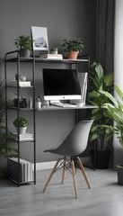 Dark open space living room interior with metal rack, grey armchair and plants in the background and study corner hairpin desk, books and empty monitor in the foreground 