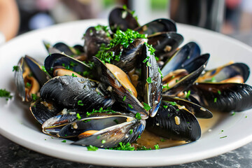 A plate of moules , a classic French dish of mussels cooked in white wine, garlic, and parsley
