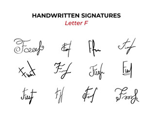 Fake hand drawn Personal scribble for certificate or client. Handwritten Fictitious Autographs set with letter F. Various signatures crossed out, underlined, slanted, calligraphic, expressive 1 of 26 - obrazy, fototapety, plakaty