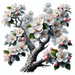 delicate branch an apple tree with flowers and leaves. Spring flowers. Watercolor on white background.