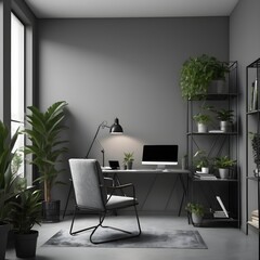 Dark open space living room interior with metal rack, grey armchair and plants in the background and study corner hairpin desk, books and empty monitor in the foreground 