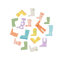 Different rubber boots circle composition. Colorful pairs of shoes for rainy weather round badge. Autumn and spring elements isolated on white background. Vector flat illustration
