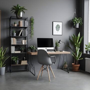 Dark open space living room interior with metal rack, grey armchair and plants in the background and study corner hairpin desk, books and empty monitor in the foreground 