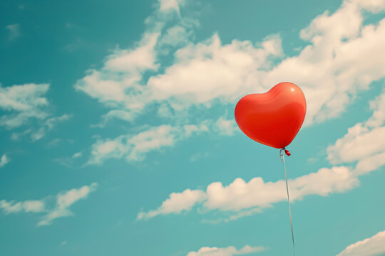 A red heart balloon is floating in a blue sky
