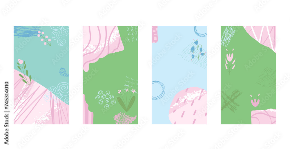 Poster spring abstract backgrounds set with collage elements for social media. flower and geometric shapes 