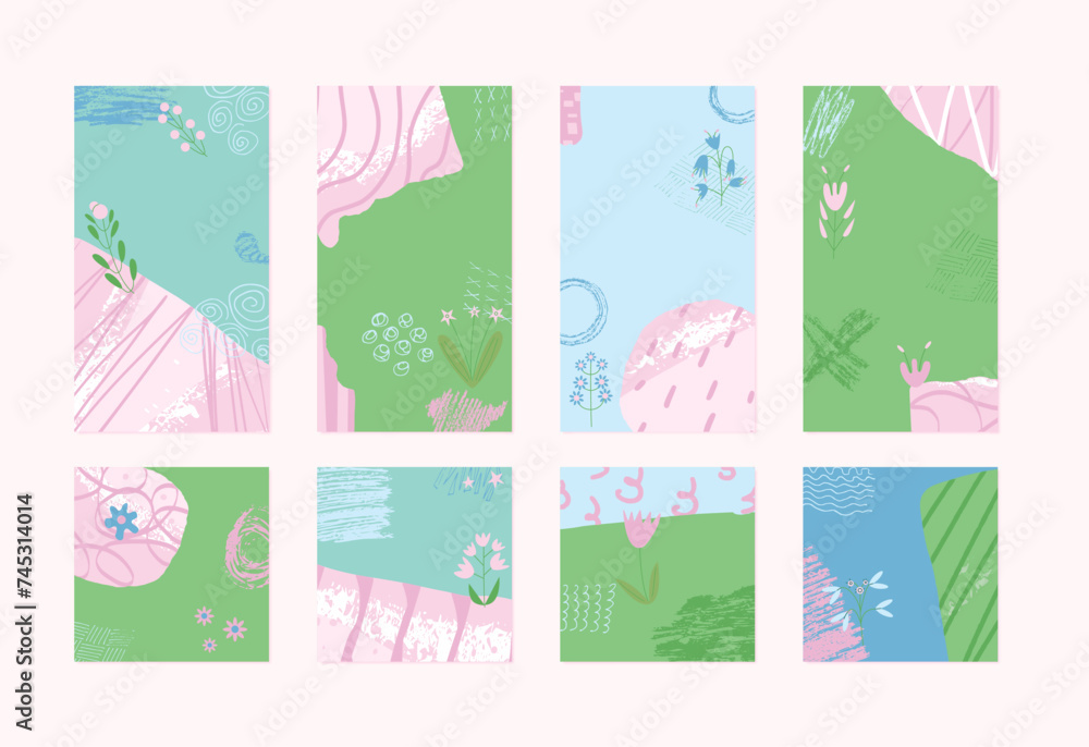 Poster spring abstract backgrounds set with collage elements for social media. flower and geometric shapes 