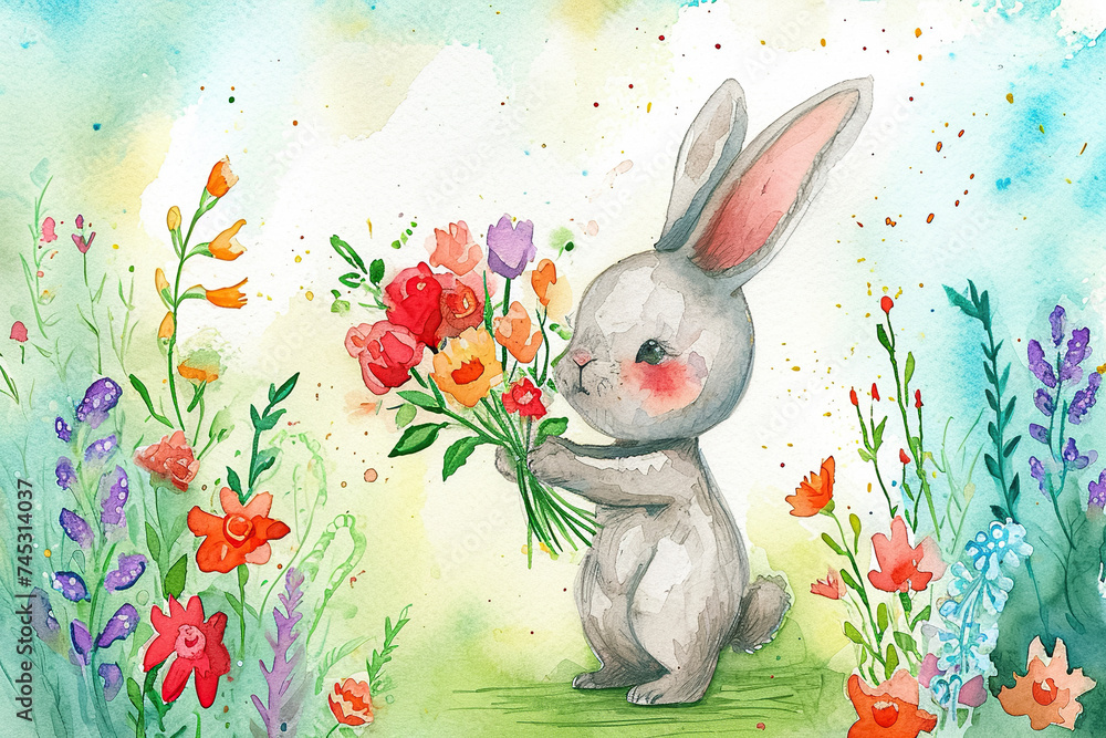 Poster A watercolor illustration of a bunny holding a flower, with a beautiful garden in the background