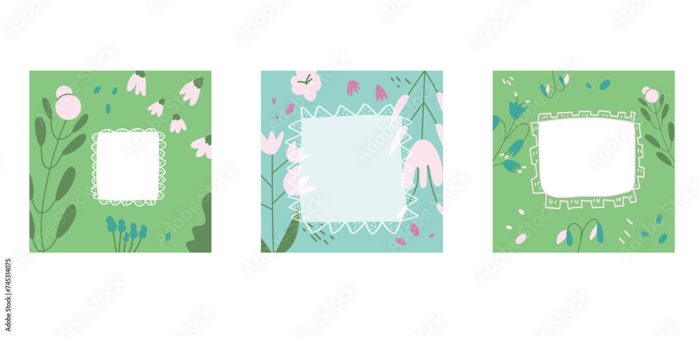 Poster spring background set . flower abstract banner template with frame. holiday card with decoration. ve