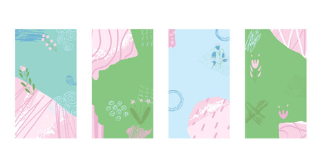 Spring abstract backgrounds set with collage elements for social media. Flower and geometric shapes banner templates. Cards with decoration. Vector flat illustration