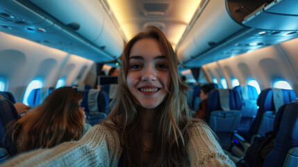 young selfie photo, inside the passenger plane