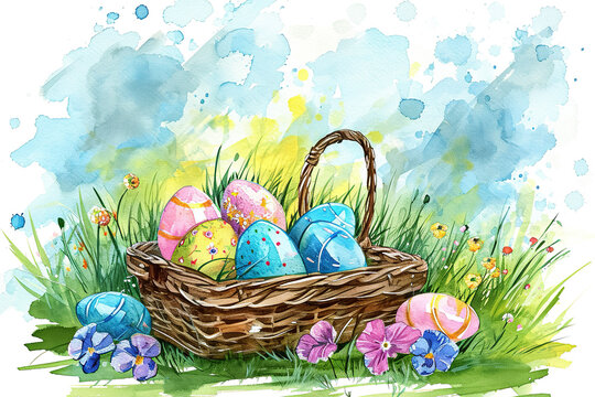 A watercolor illustration of a basket of Easter eggs with flowers, with a beautiful garden in the background