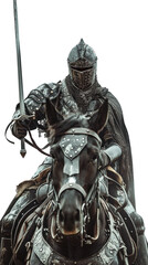 Fototapeta premium A knight in small armor like an ancient warrior, holding a sword, riding a horse on transparent background