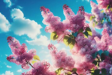 spring branch of blossoming lilacs against blue sky background .