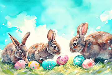 A watercolor illustration of a group of bunnies playing with Easter eggs, with a beautiful blue sky in the background