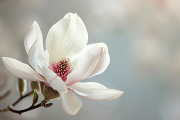 a white magnolia flower with a pink center