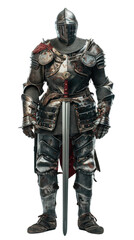 A knight in small armor like an ancient warrior, holding a sword, on transparent background