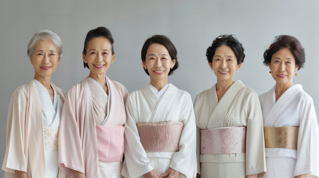 Beauty image of a group of middle aged Japanese women wearing natural color outfits Skin care Cosmetics