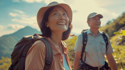 Portrait cheerful smiling middle age asian woman hiking walking with her husband enjoying free time and nature. Active beautiful seniors in love together at sunny day