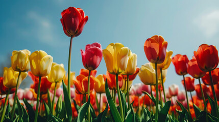 A field of tulips in different colours