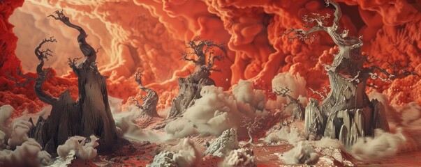 A vampires lair filled with kinetic art, using 3D printing to replicate a tropical wildfires chaos - obrazy, fototapety, plakaty