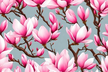 Pink spring magnolia flowers branch set of different beautiful flowers on white background banner...