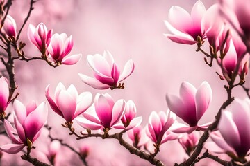 Pink spring magnolia flowers branch set of different beautiful flowers on white background banner design