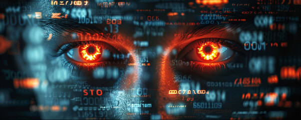 A striking image of a human eye with fiery red iris and binary code overlay, symbolizing digital surveillance and data analysis.