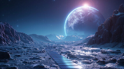 Extraterrestrial technology concept, alien solar panels on a distant planet surface - obrazy, fototapety, plakaty