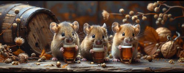 Whimsical mice tasting beer, a tiny barrel in the background