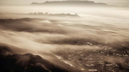 Fototapeta na wymiar a fog covered mesa near the city of rome