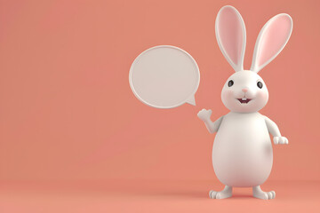 Portrait of 3d cartoon cute bunny easter holding up empty speech bubble in studio background.