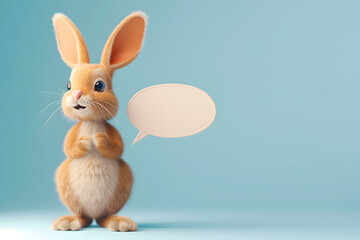 Fototapeta na wymiar Portrait of 3d cartoon cute bunny easter holding up empty speech bubble in studio background.