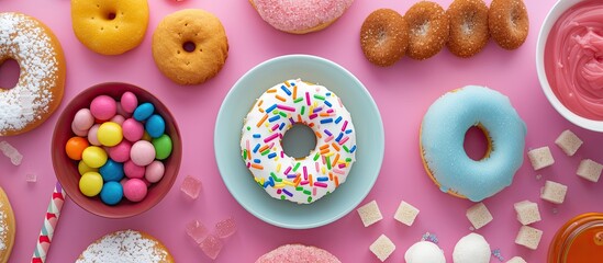 A table is covered in a variety of doughnuts, showcasing different shapes, flavors, and toppings. The sugary treats are neatly arranged, tempting those with a sweet tooth to indulge in a high-calorie