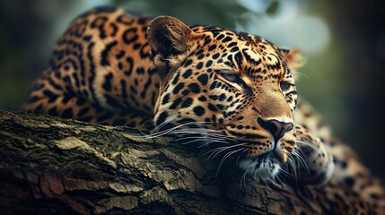 Obraz premium majestic wild leopard resting peacefully on tree branch, wildlife photography capturing nature's tranquility