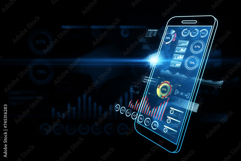 Aufkleber An abstract image showing a modern smartphone projecting a holographic interface with various data charts and analytics. 3D Rendering