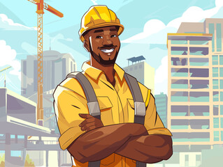 Happy handsome male builder African American on construction background, cartoon style vector 