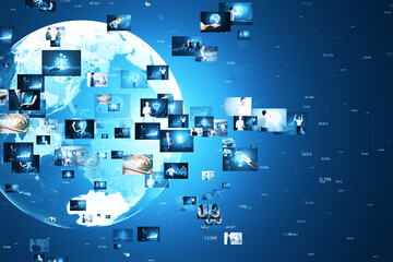A digital representation of a global network with connected screens showing various multimedia...