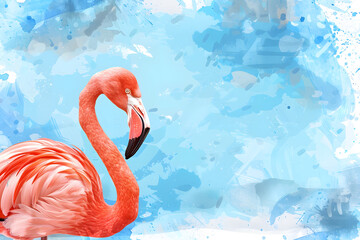 Cute cartoon flamingo frame border on background in watercolor style.