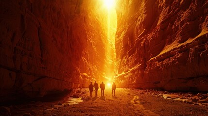 Vivid solar flare illuminating a secretive mafia meeting in an ancient canyon, shadows cast long - obrazy, fototapety, plakaty