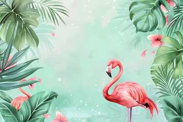 Cute cartoon flamingo frame border on background in watercolor style. - obrazy, fototapety, plakaty