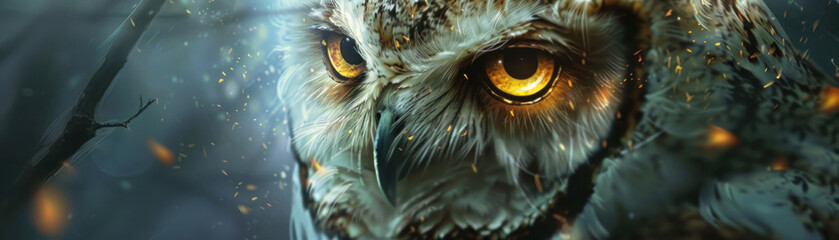 A close-up of an ethereal owl in meditation, its eyes reflecting a fantasy world, a metaphor for wisdom in solitude