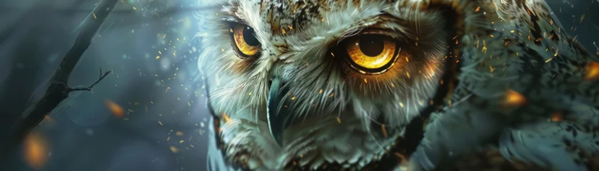 Fotobehang A close-up of an ethereal owl in meditation, its eyes reflecting a fantasy world, a metaphor for wisdom in solitude © wasan