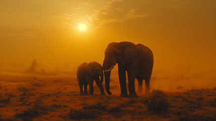 Fototapeta na wymiar Elephant Family at Sunset in Savanna