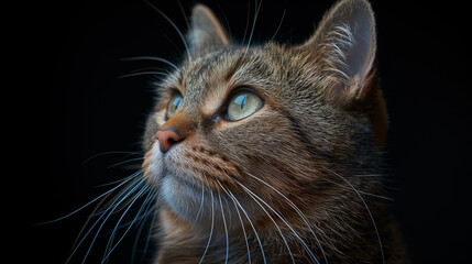 Tabby Cat with Intense Gaze Against Dark Background