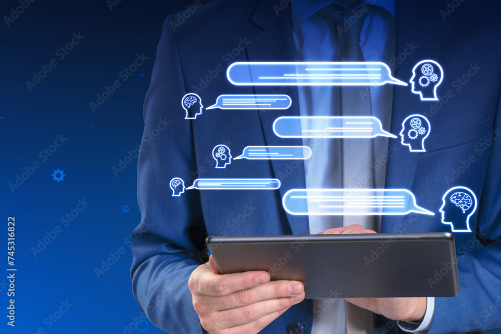 Poster close up of businessman hands holding tablet with creative chat gpt hologram with speech bubbles on 
