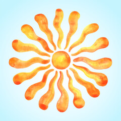 Watercolor vector sun. Naive style. Round shape, watercolour stains. Groovy, funky, hippie illustration. Orange red yellow circle, winding wavy wriggling rays frame. Maslenitsa, Shrovetide background.