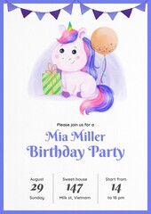 Watercolor Unicorn Birthday Invitation