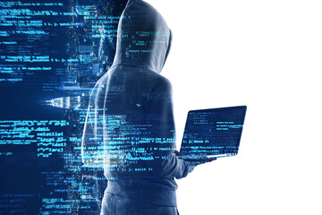 Mysterious figure typing on a laptop with blue coding sequence represents cybersecurity threats