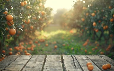 a wooden table in an orange orchard photo