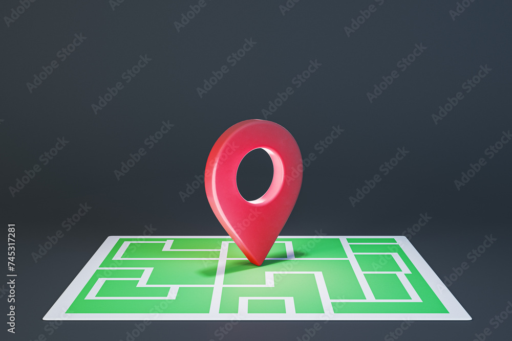 Poster Creative map with red location pin on black background. GPS navigation concept. 3D Rendering.